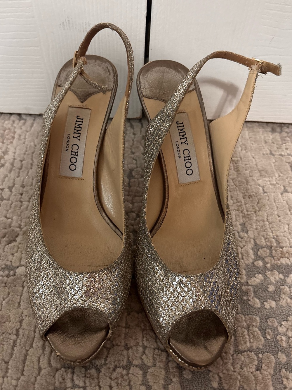 Jimmy Choo Women's Gold Glitter Slingback Peep-Toe Heels size 39